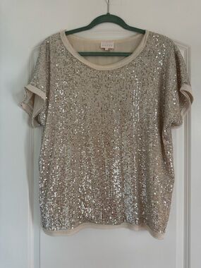 entro Champagne Sequin Short Sleeve Crewneck Top
